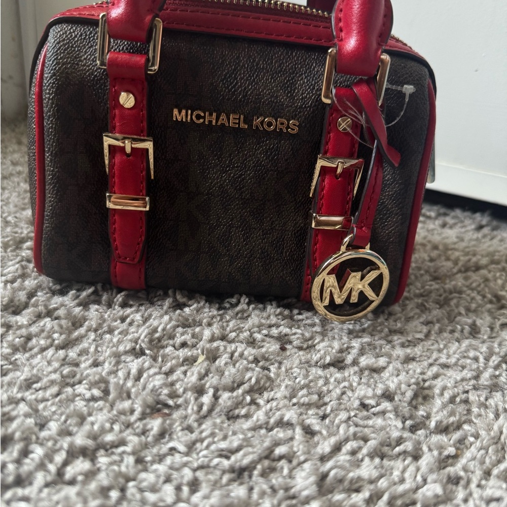 Michael Kors Mini Bag Red and Brown with Gold Charm